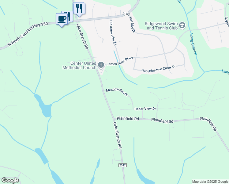 map of restaurants, bars, coffee shops, grocery stores, and more near 2187 Meadow Run Drive in Greensboro