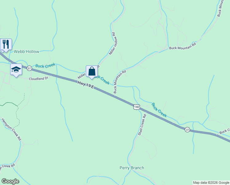map of restaurants, bars, coffee shops, grocery stores, and more near Buck Mountain Road in Roan Mountain