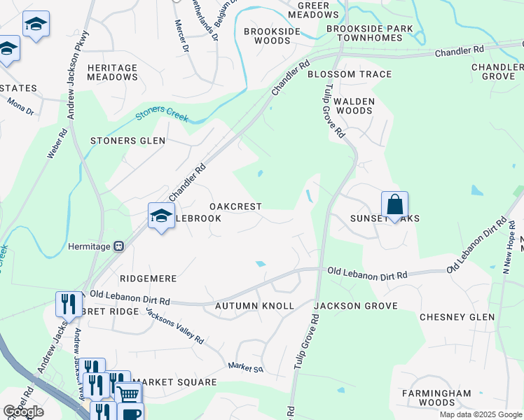 map of restaurants, bars, coffee shops, grocery stores, and more near 4349 Oakcrest Lane in Nashville