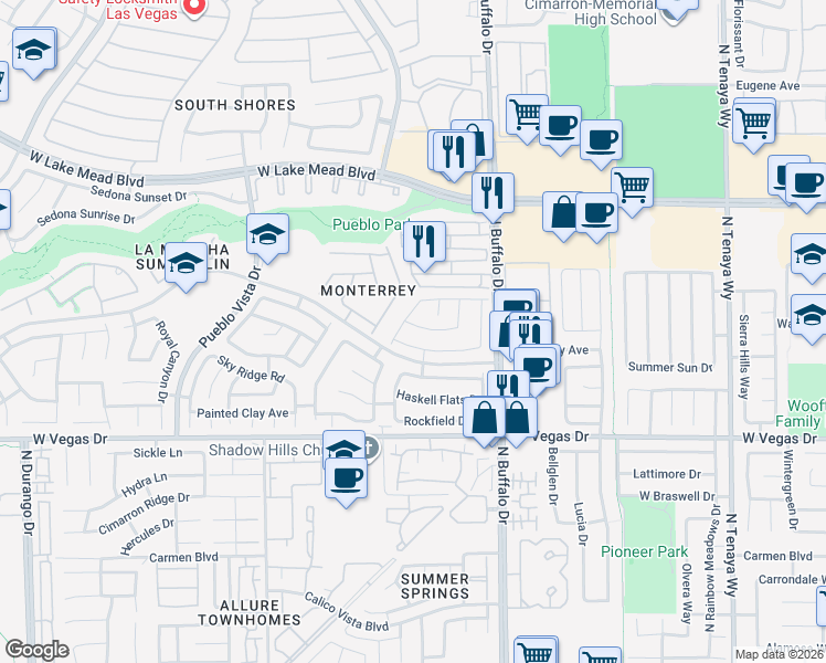 map of restaurants, bars, coffee shops, grocery stores, and more near 7729 Via Paseo Avenue in Las Vegas