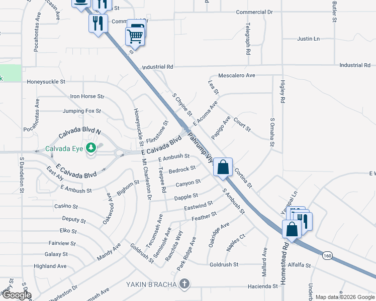 map of restaurants, bars, coffee shops, grocery stores, and more near 2580 East Ambush Street in Pahrump