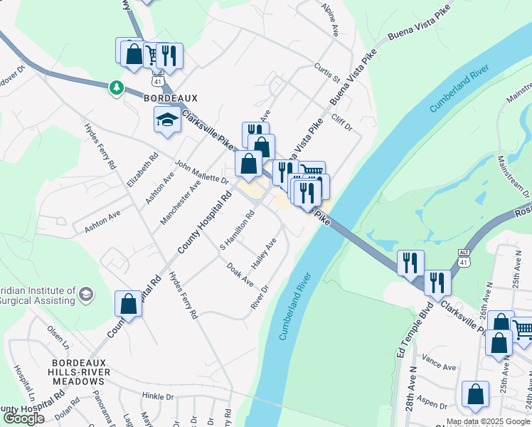 map of restaurants, bars, coffee shops, grocery stores, and more near 3107 River Drive in Nashville