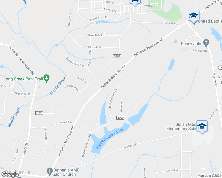 map of restaurants, bars, coffee shops, grocery stores, and more near 1818 Buddingbrook Lane in Winston-Salem