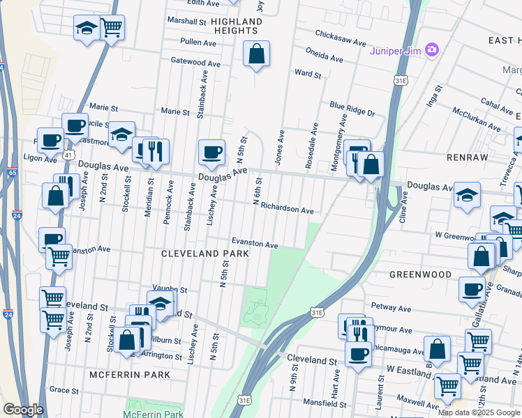 map of restaurants, bars, coffee shops, grocery stores, and more near 1123 North 6th Street in Nashville
