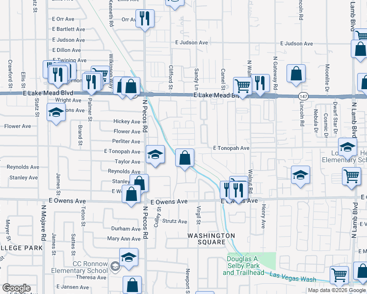map of restaurants, bars, coffee shops, grocery stores, and more near 3649 Via Margarita Ave in Las Vegas