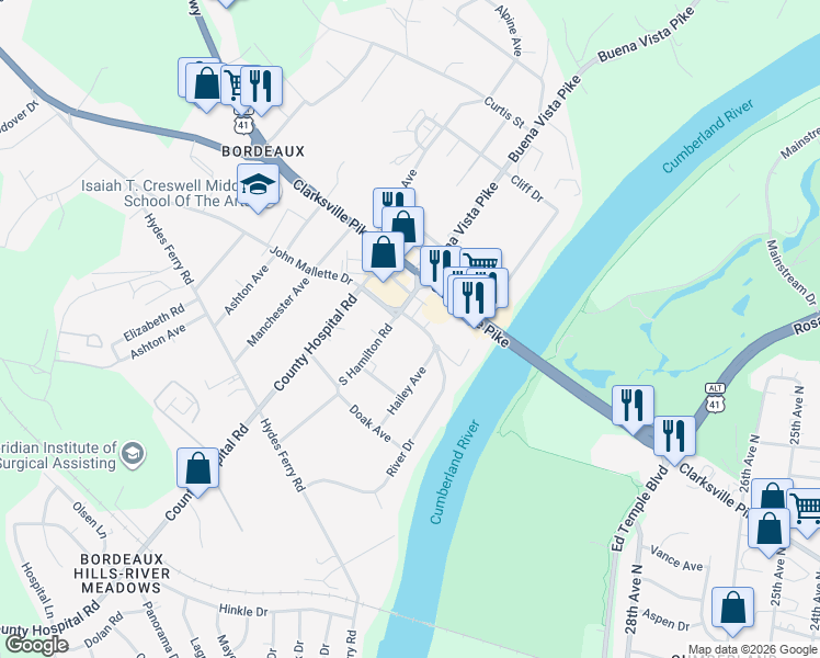 map of restaurants, bars, coffee shops, grocery stores, and more near 3107 River Drive in Nashville