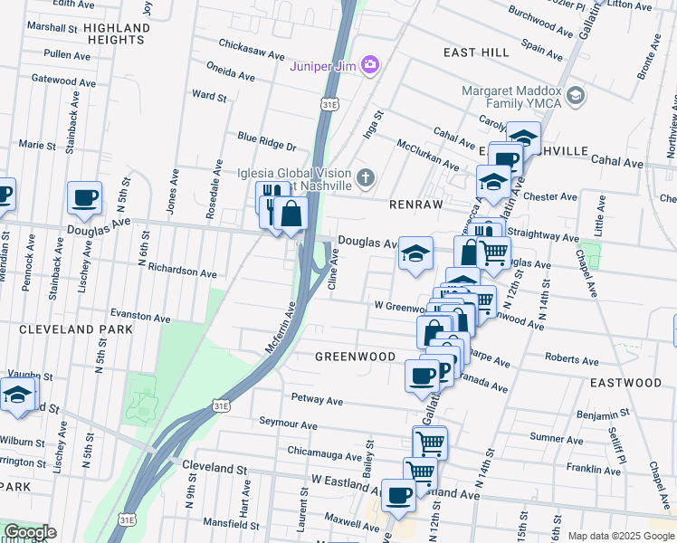 map of restaurants, bars, coffee shops, grocery stores, and more near 1209 Cline Avenue in Nashville