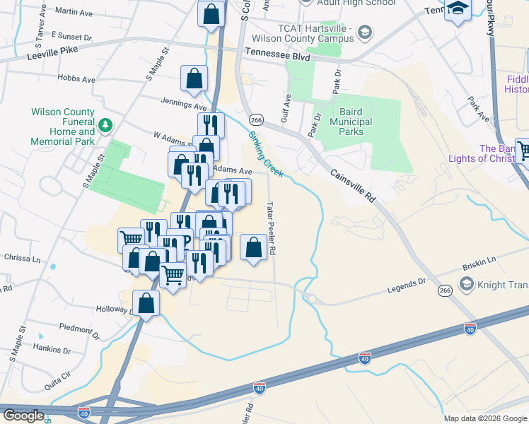 map of restaurants, bars, coffee shops, grocery stores, and more near 612 Tater Peeler Road in Lebanon
