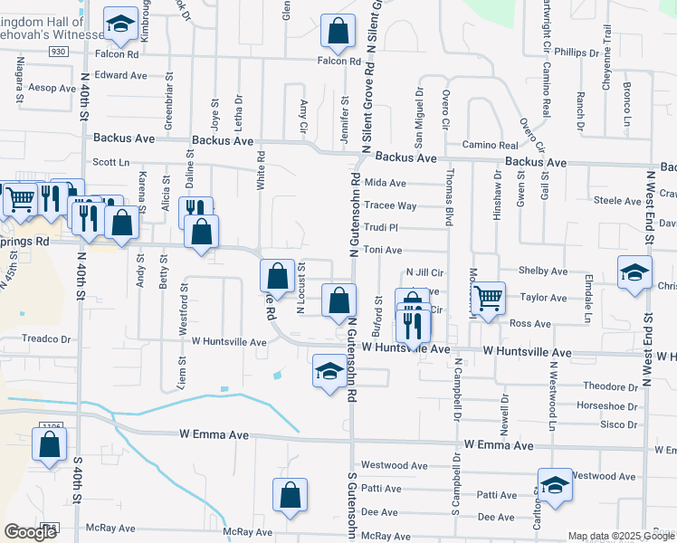 map of restaurants, bars, coffee shops, grocery stores, and more near 787 North Hackberry Street in Springdale
