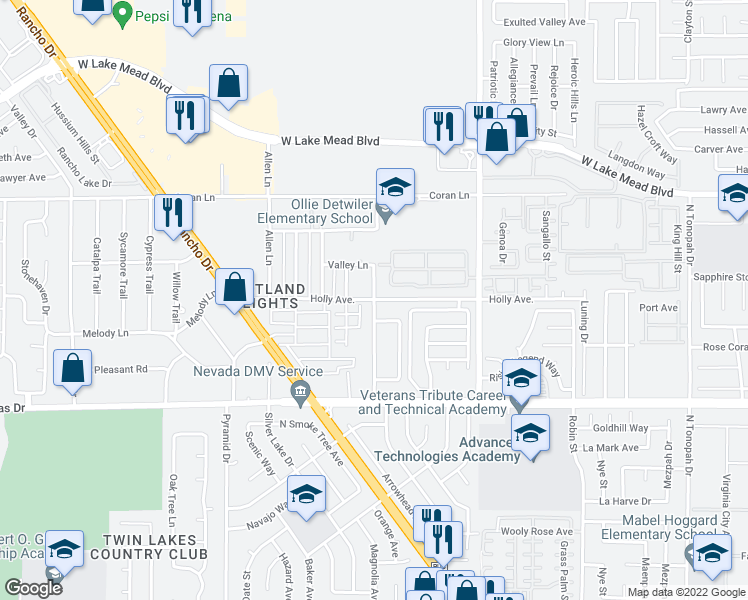 map of restaurants, bars, coffee shops, grocery stores, and more near 3101 Holly Avenue in Las Vegas