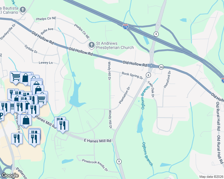 map of restaurants, bars, coffee shops, grocery stores, and more near 5641 Windy Hill Drive in Winston-Salem