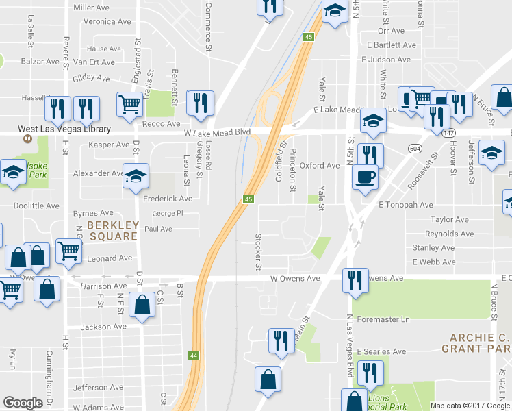 map of restaurants, bars, coffee shops, grocery stores, and more near 1735 Stocker Street in North Las Vegas