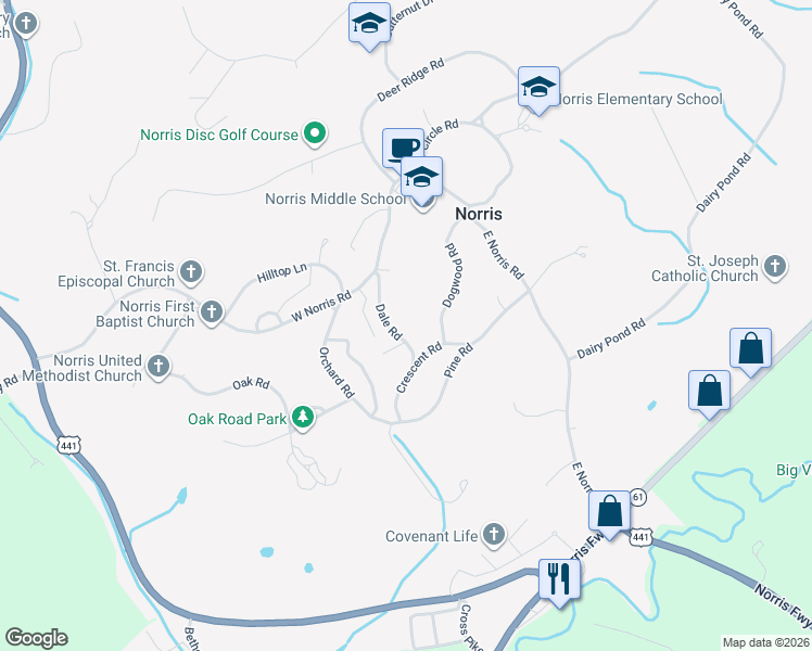map of restaurants, bars, coffee shops, grocery stores, and more near 111 Dale Road in Norris