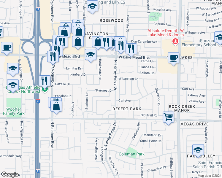 map of restaurants, bars, coffee shops, grocery stores, and more near 6408 Starcrest Drive in Las Vegas