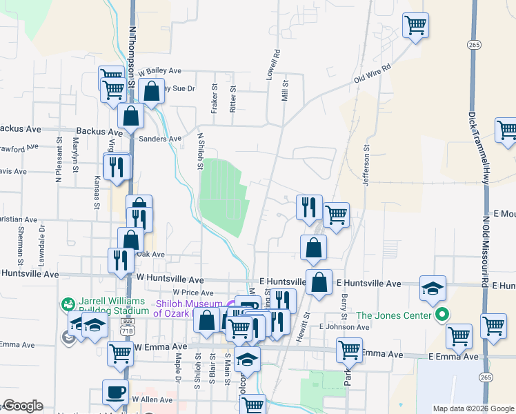 map of restaurants, bars, coffee shops, grocery stores, and more near 712 North Mill Street in Springdale