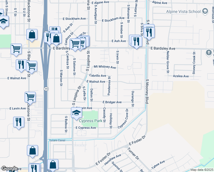 map of restaurants, bars, coffee shops, grocery stores, and more near 1543 Ponderosa Street in Tulare