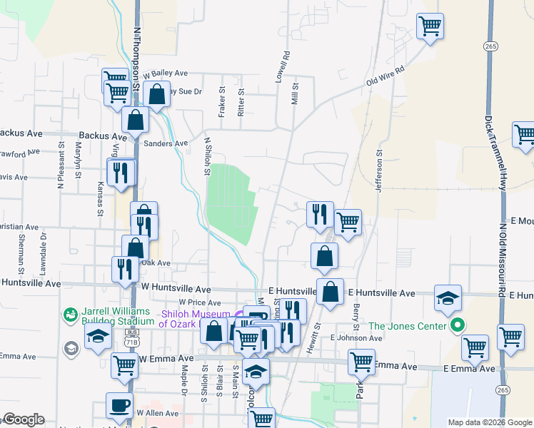 map of restaurants, bars, coffee shops, grocery stores, and more near 712 North Mill Street in Springdale