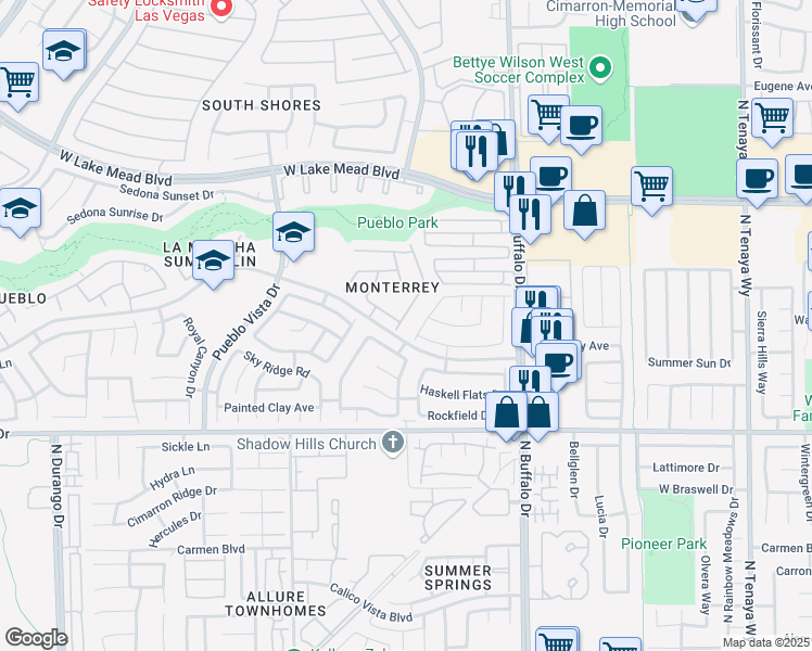 map of restaurants, bars, coffee shops, grocery stores, and more near 1708 Jack Rabbit Way in Las Vegas