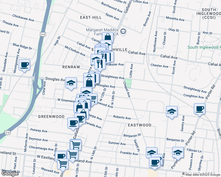 map of restaurants, bars, coffee shops, grocery stores, and more near 1306 Douglas Avenue in Nashville
