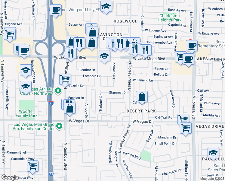 map of restaurants, bars, coffee shops, grocery stores, and more near 6504 Starcrest Drive in Las Vegas