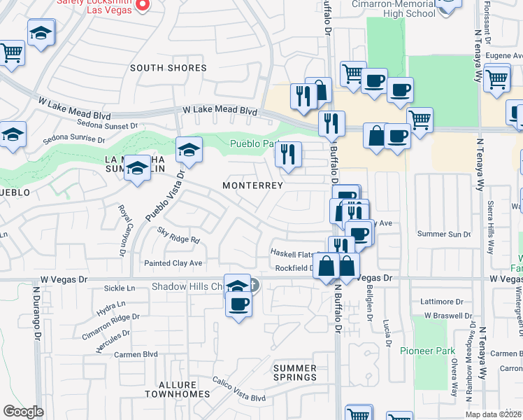 map of restaurants, bars, coffee shops, grocery stores, and more near 1708 Jack Rabbit Way in Las Vegas