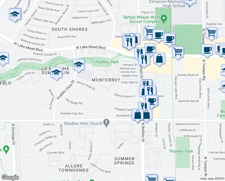 map of restaurants, bars, coffee shops, grocery stores, and more near 1717 Park Mesa Lane in Las Vegas