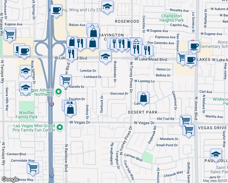 map of restaurants, bars, coffee shops, grocery stores, and more near 6504 Starcrest Drive in Las Vegas
