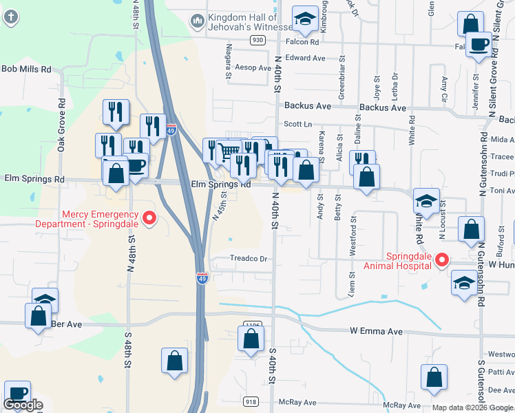 map of restaurants, bars, coffee shops, grocery stores, and more near 784 N 40th St in Springdale