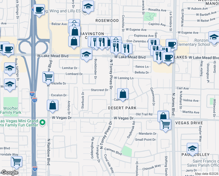 map of restaurants, bars, coffee shops, grocery stores, and more near 6400 Starcrest Drive in Las Vegas
