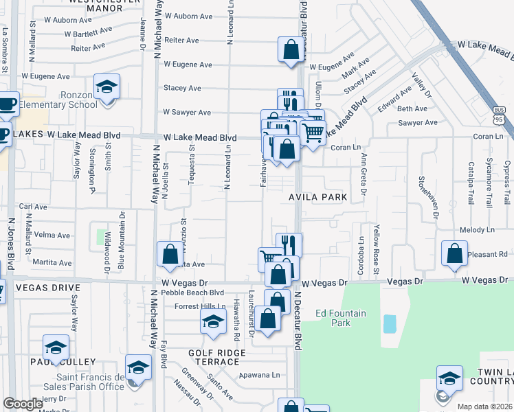 map of restaurants, bars, coffee shops, grocery stores, and more near 1815 Fairhaven Street in Las Vegas