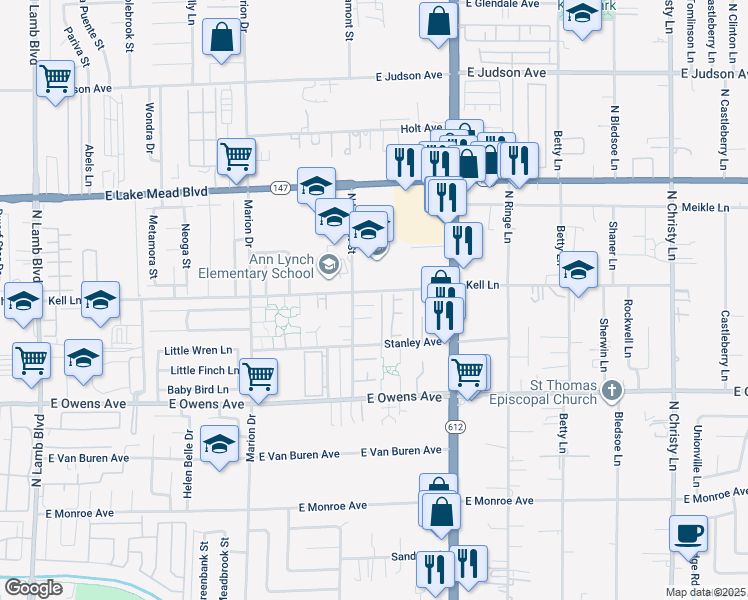 map of restaurants, bars, coffee shops, grocery stores, and more near 9 Kell Lane in Las Vegas