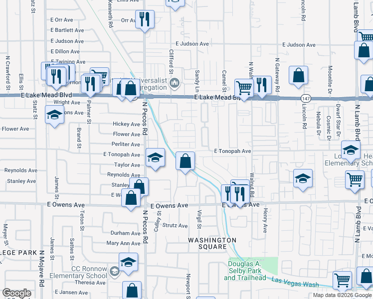 map of restaurants, bars, coffee shops, grocery stores, and more near 3649 Via Margarita Avenue in Las Vegas