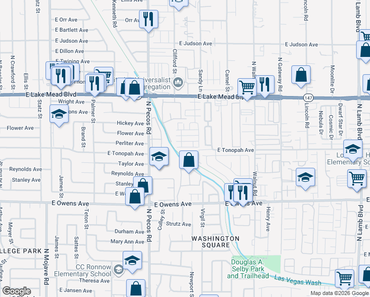 map of restaurants, bars, coffee shops, grocery stores, and more near 3649 Via Margarita Avenue in Las Vegas