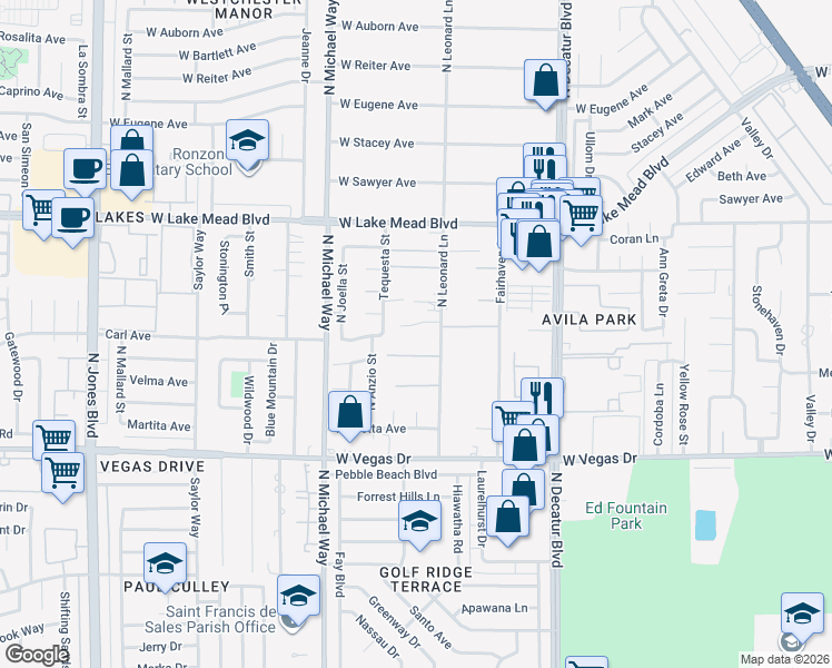 map of restaurants, bars, coffee shops, grocery stores, and more near 5135 Lamarjon Court in Las Vegas