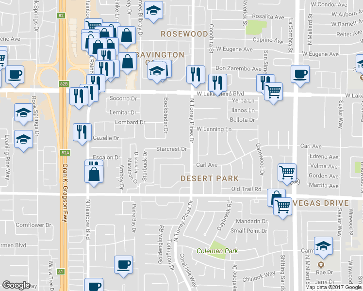 map of restaurants, bars, coffee shops, grocery stores, and more near 6420 Starcrest Drive in Las Vegas