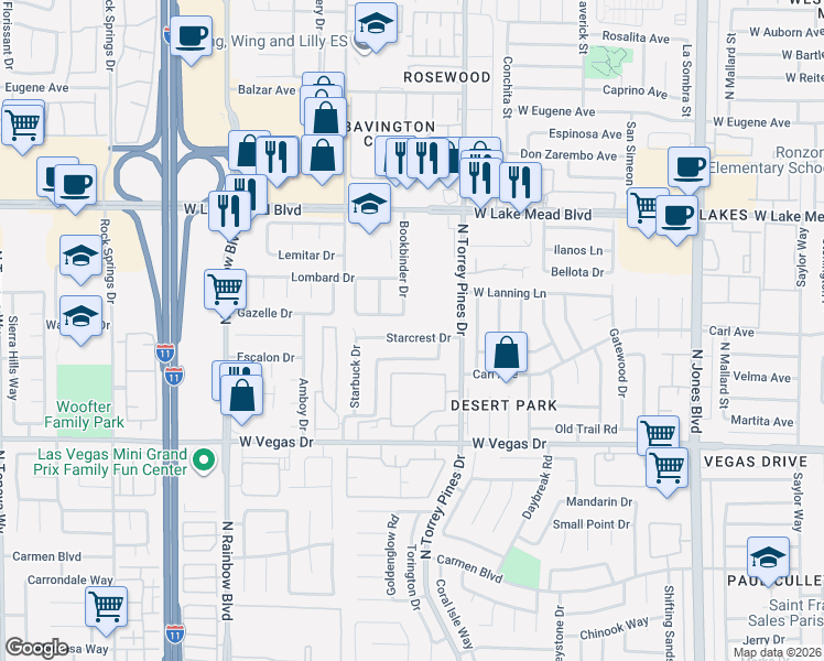 map of restaurants, bars, coffee shops, grocery stores, and more near 6420 Starcrest Drive in Las Vegas
