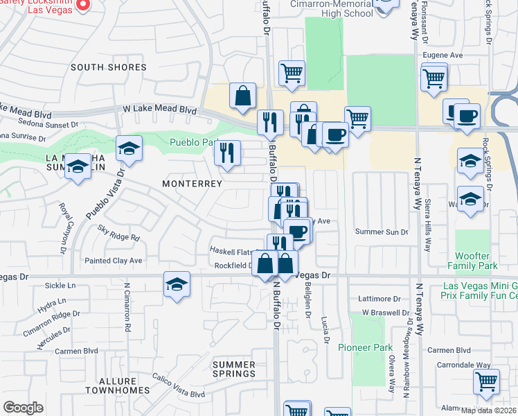 map of restaurants, bars, coffee shops, grocery stores, and more near 1720 Del Mira Drive in Las Vegas