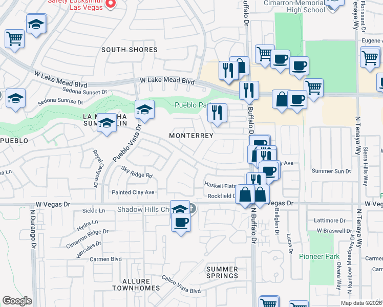 map of restaurants, bars, coffee shops, grocery stores, and more near 1713 Park Mesa Lane in Las Vegas
