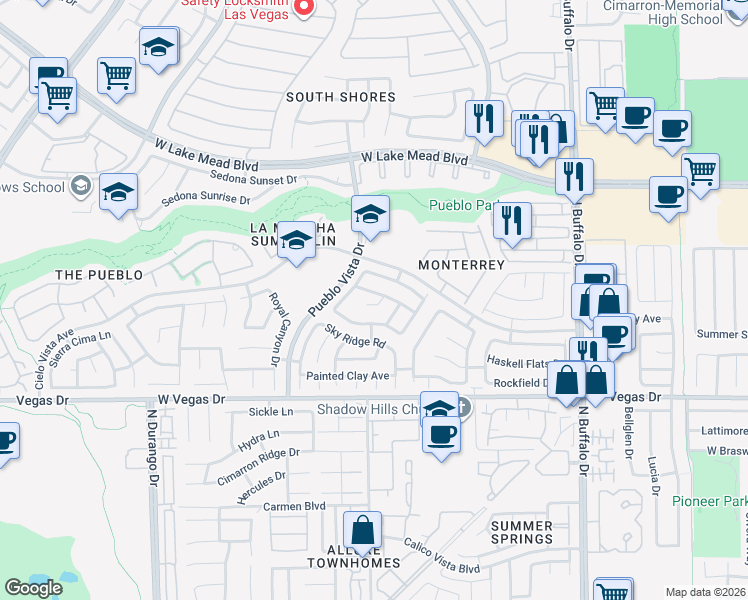 map of restaurants, bars, coffee shops, grocery stores, and more near 8001 Verde Springs Drive in Las Vegas