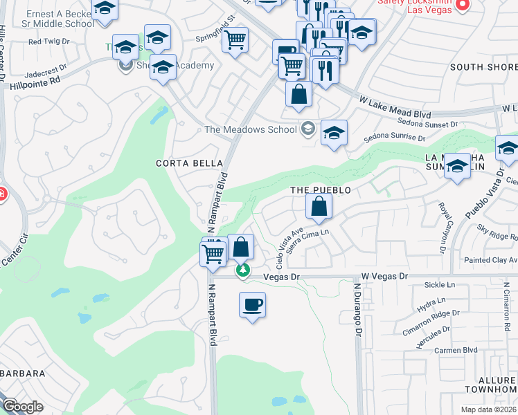 map of restaurants, bars, coffee shops, grocery stores, and more near 8633 Estrelita Drive in Las Vegas