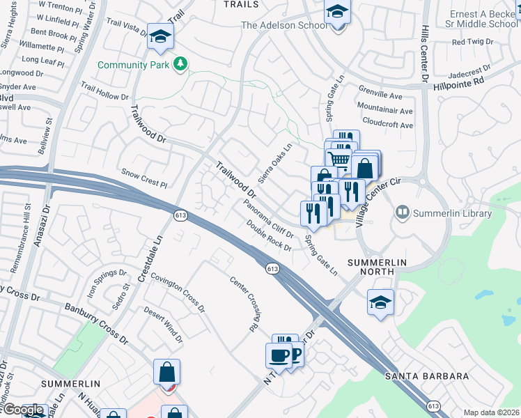 map of restaurants, bars, coffee shops, grocery stores, and more near 9825 Panorama Cliff Drive in Las Vegas