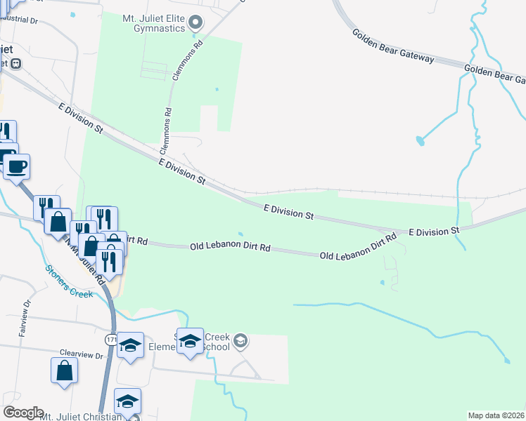 map of restaurants, bars, coffee shops, grocery stores, and more near 1175 East Division Street in Mt. Juliet