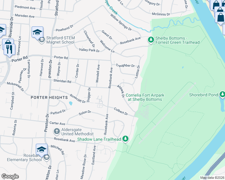 map of restaurants, bars, coffee shops, grocery stores, and more near 1430 Rosebank Avenue in Nashville