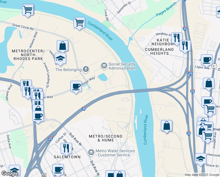 map of restaurants, bars, coffee shops, grocery stores, and more near 201 Great Circle Road in Nashville
