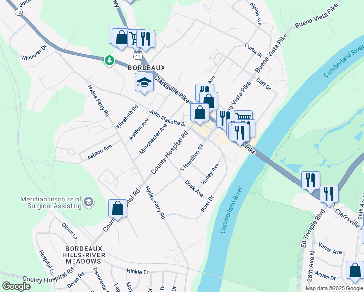 map of restaurants, bars, coffee shops, grocery stores, and more near 1810 County Hospital Road in Nashville