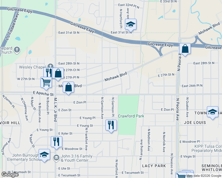 map of restaurants, bars, coffee shops, grocery stores, and more near 640 East 26th Place North in Tulsa