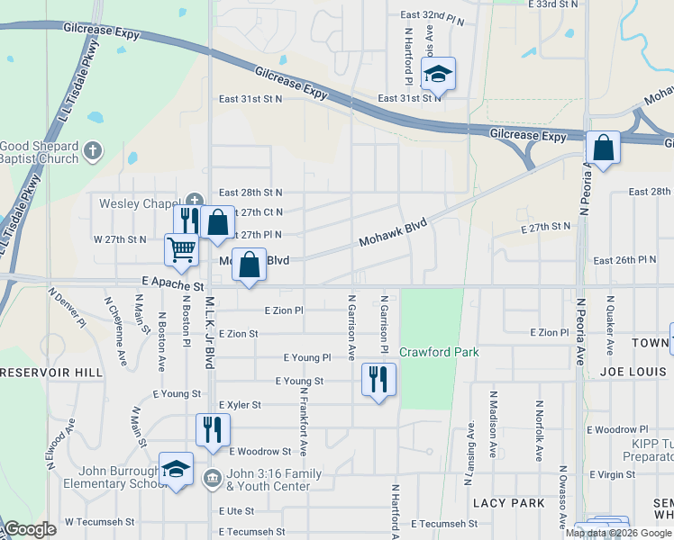 map of restaurants, bars, coffee shops, grocery stores, and more near 523 East 26th Place North in Tulsa