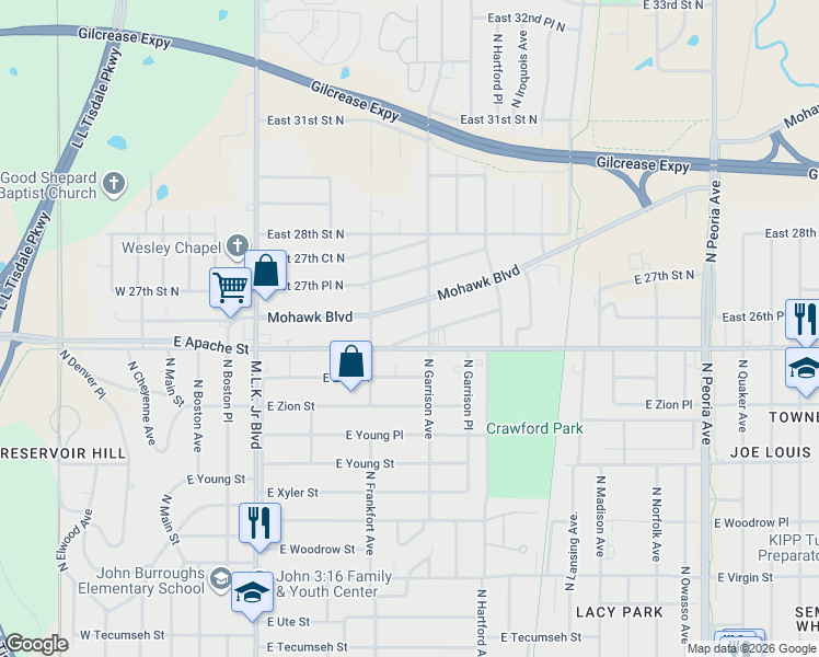 map of restaurants, bars, coffee shops, grocery stores, and more near 523 East 26th Place North in Tulsa