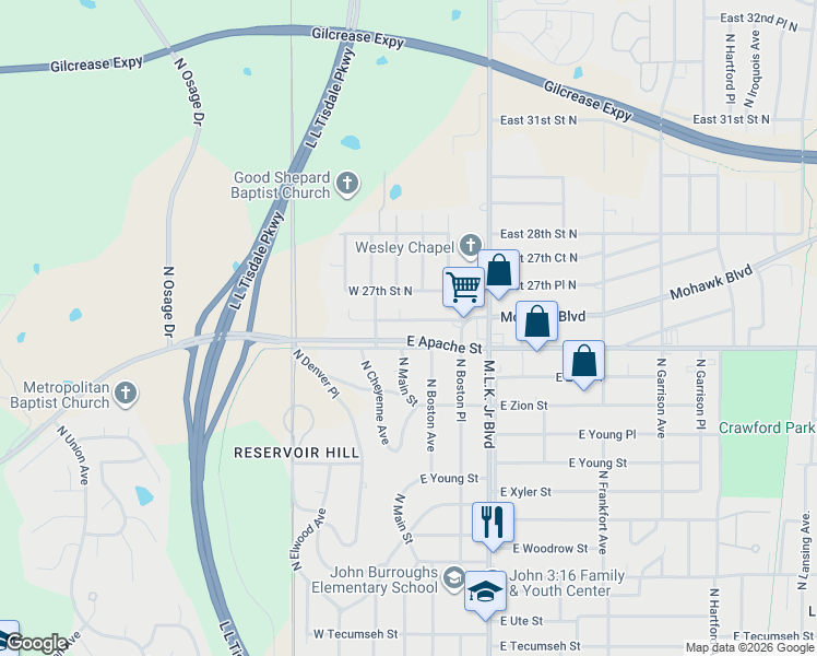 map of restaurants, bars, coffee shops, grocery stores, and more near 12 West 26th Place North in Tulsa