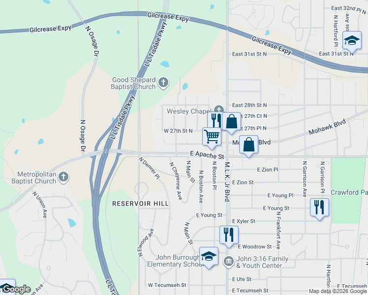 map of restaurants, bars, coffee shops, grocery stores, and more near 12 West 26th Place North in Tulsa